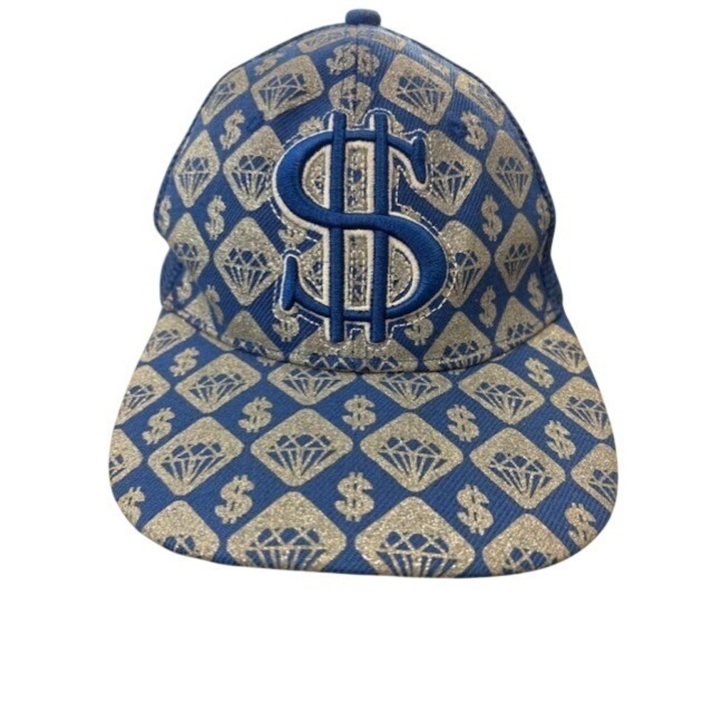 Blue Gold Glitter Diamond Dollar Sign Snapback Trucker Hat Streetwear Mesh Cap